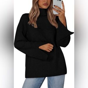 Women's Black Ribbed Turtleneck Sweater Loose Knit Size S